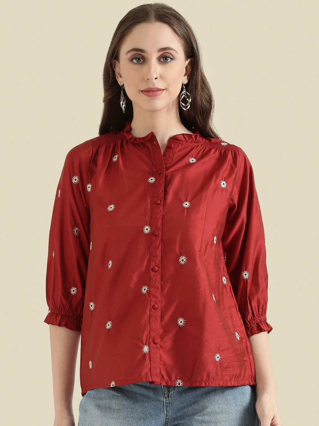 Viscose Zari Embroidery Frill Collar Festive Blouse