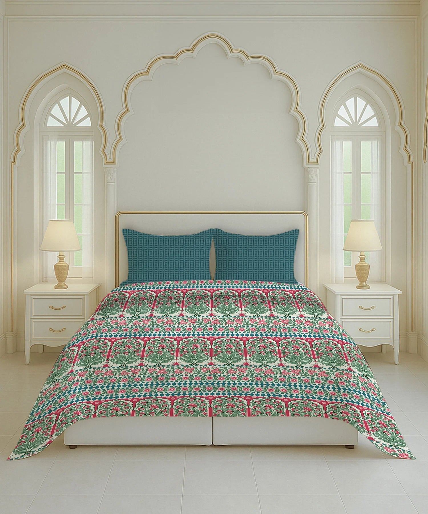 Home Essential Royal Bloom Queen Bedsheet Set, Rosario Teal| 144TC Cotton| 2 Pillow Covers