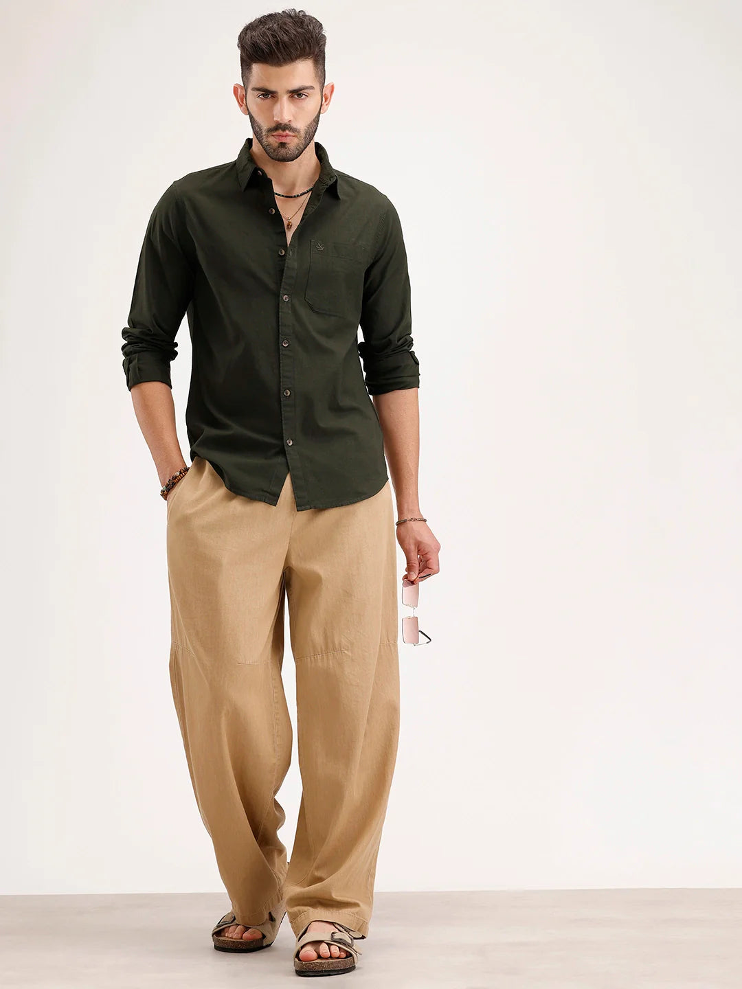 Solid Regular Fit Linen Blend Shirt | Olive