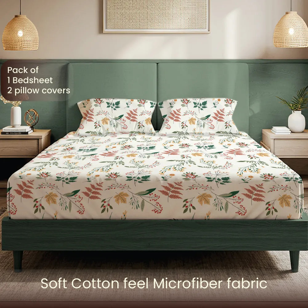 200 TC Glaced Cotton Microfiber Bedsheet with Pillow Covers - Fall Season