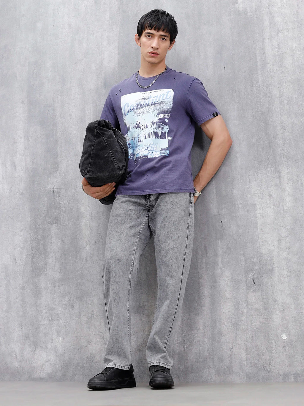 Oversized Washed Distressed Graphic T-Shirt  | Navy Blue