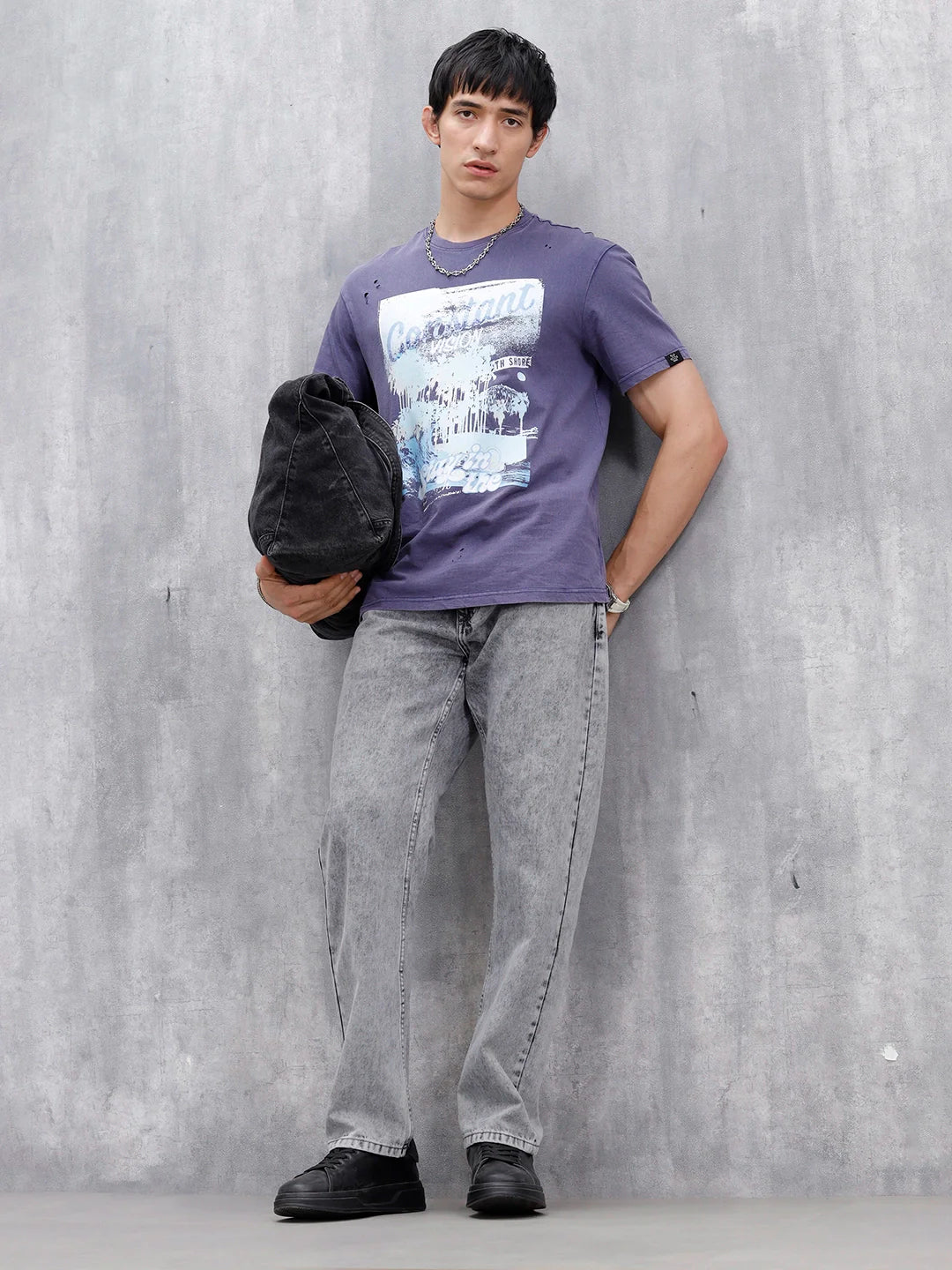 Oversized Washed Distressed Graphic T-Shirt  | Navy Blue