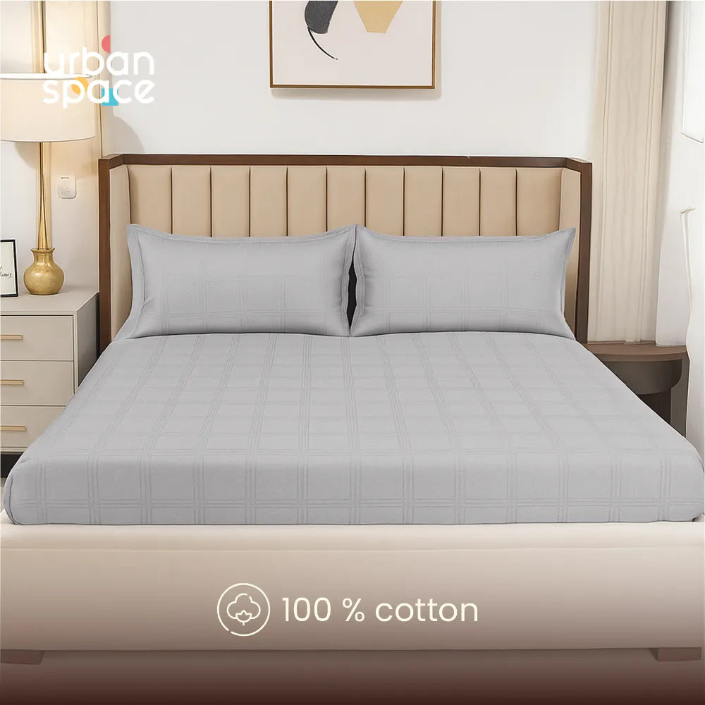 300 TC Super Soft King Bedsheet, Self Woven Checks Design - Silver Grey Checks
