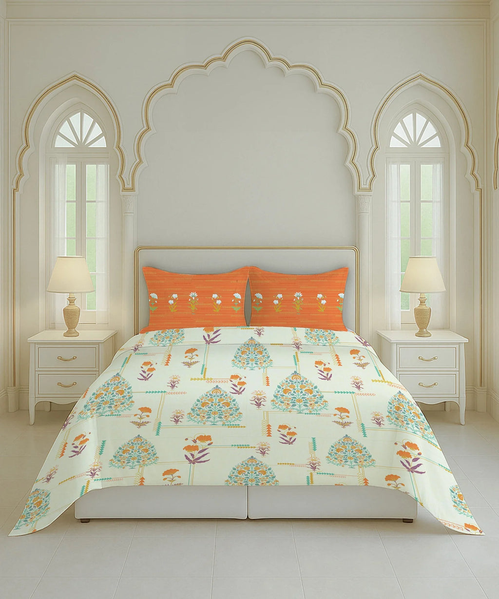 Home Essential Royal Bloom Queen Bedsheet Set, Gilded Dream Orange| 144TC Cotton| 2 Pillow Covers