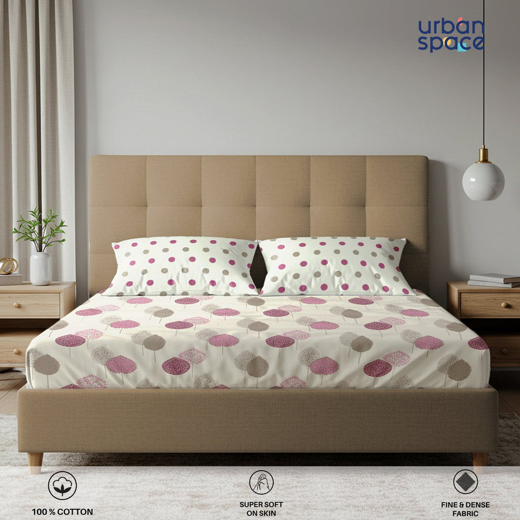 Serene 200 TC 100% Cotton Bedsheet with Pillow Covers - Drops Pink