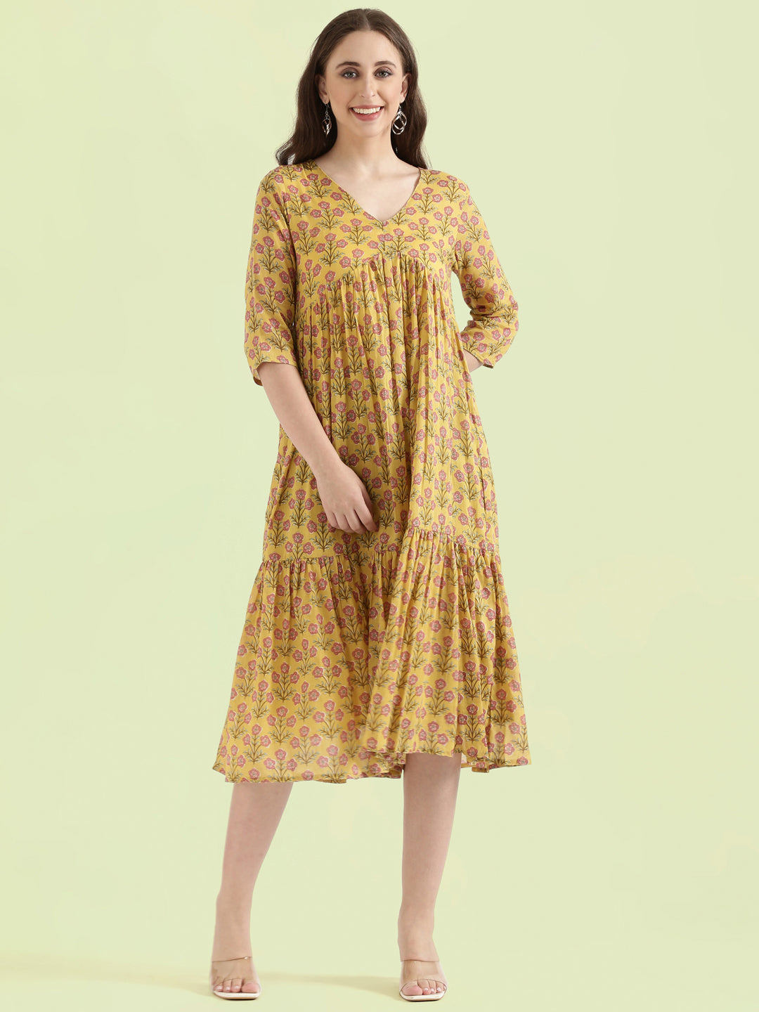 Cotton Voile Block Print V-Neck Gathered Tiered Midi Dress