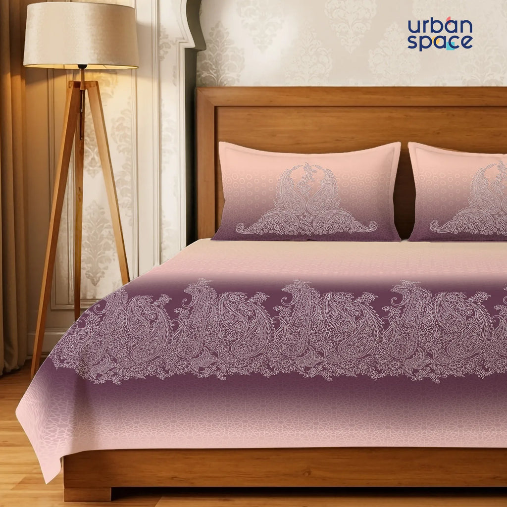 Serene 300 TC 100% Cotton Bedsheet with Pillow Covers, Panel Design - Ruhani Mauve
