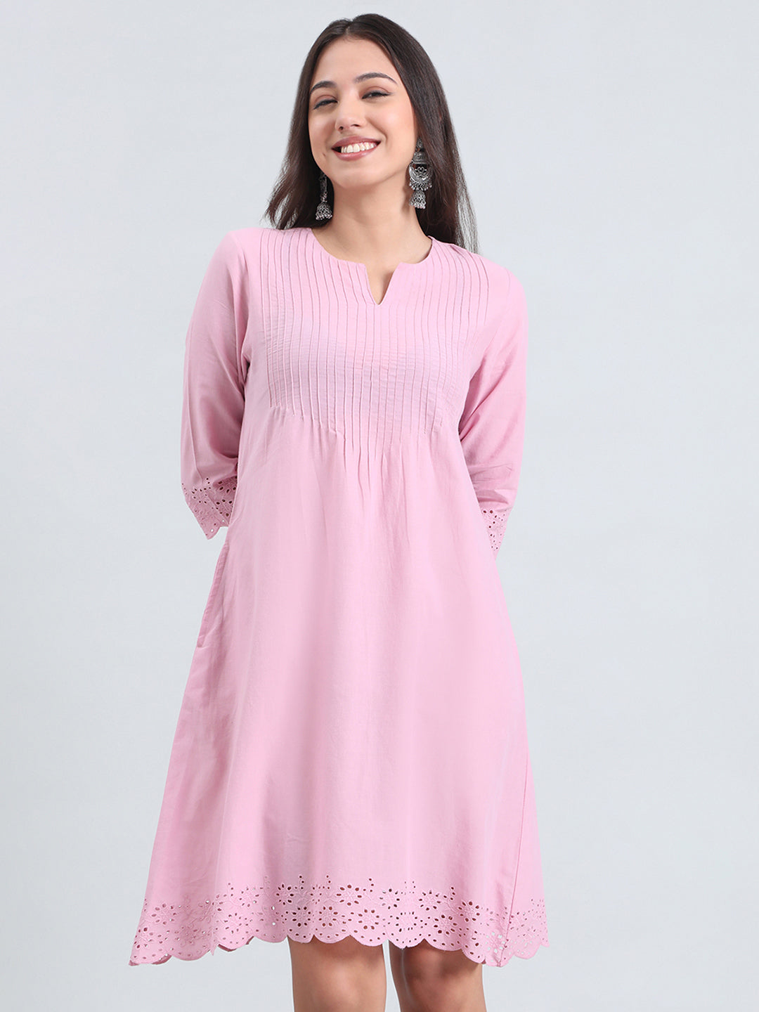 Cambric Cotton Pin-Tuck Schiffli Hakoba Midi Dress