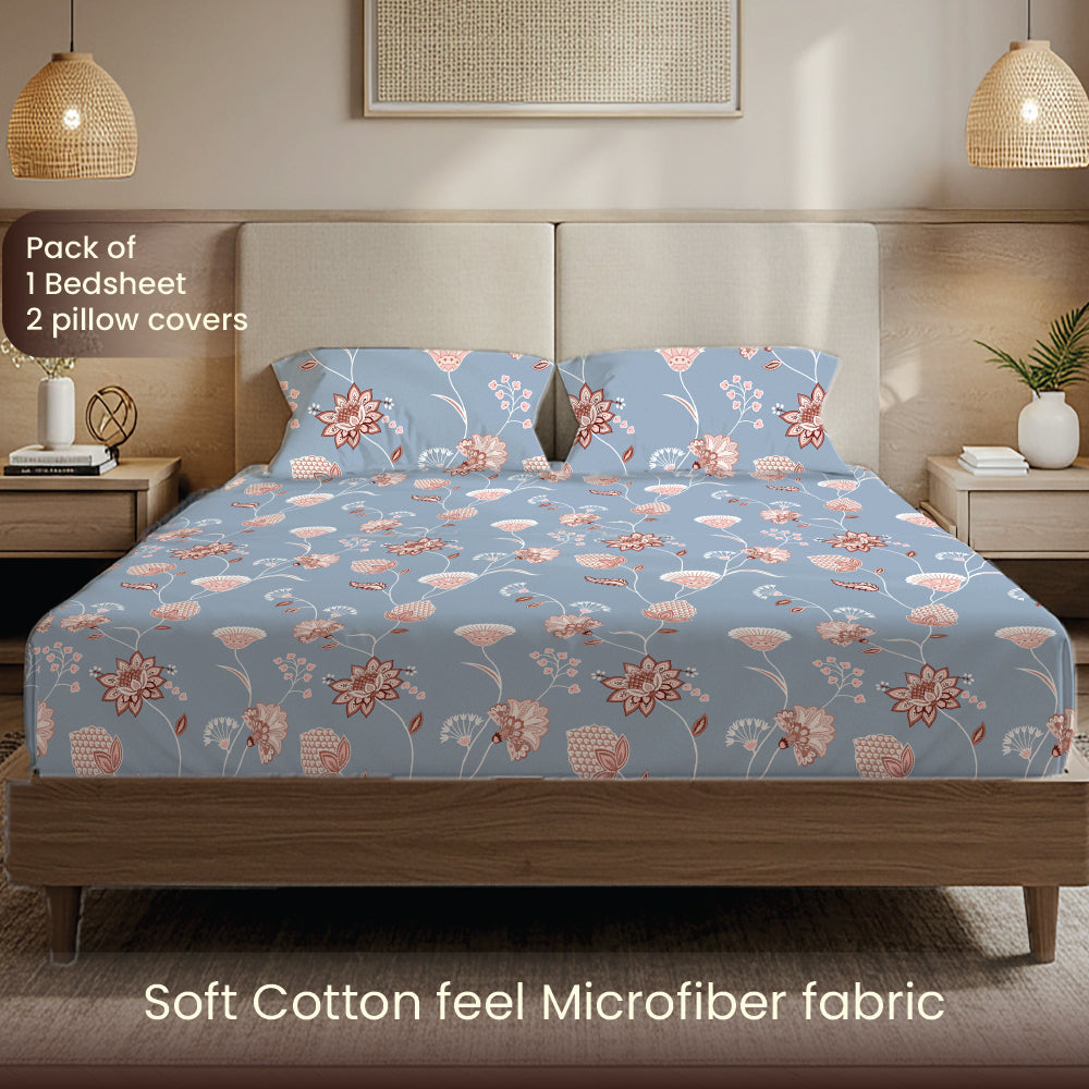 200 TC Glaced Cotton Microfiber Bedsheet with Pillow Covers - Orient Flowers