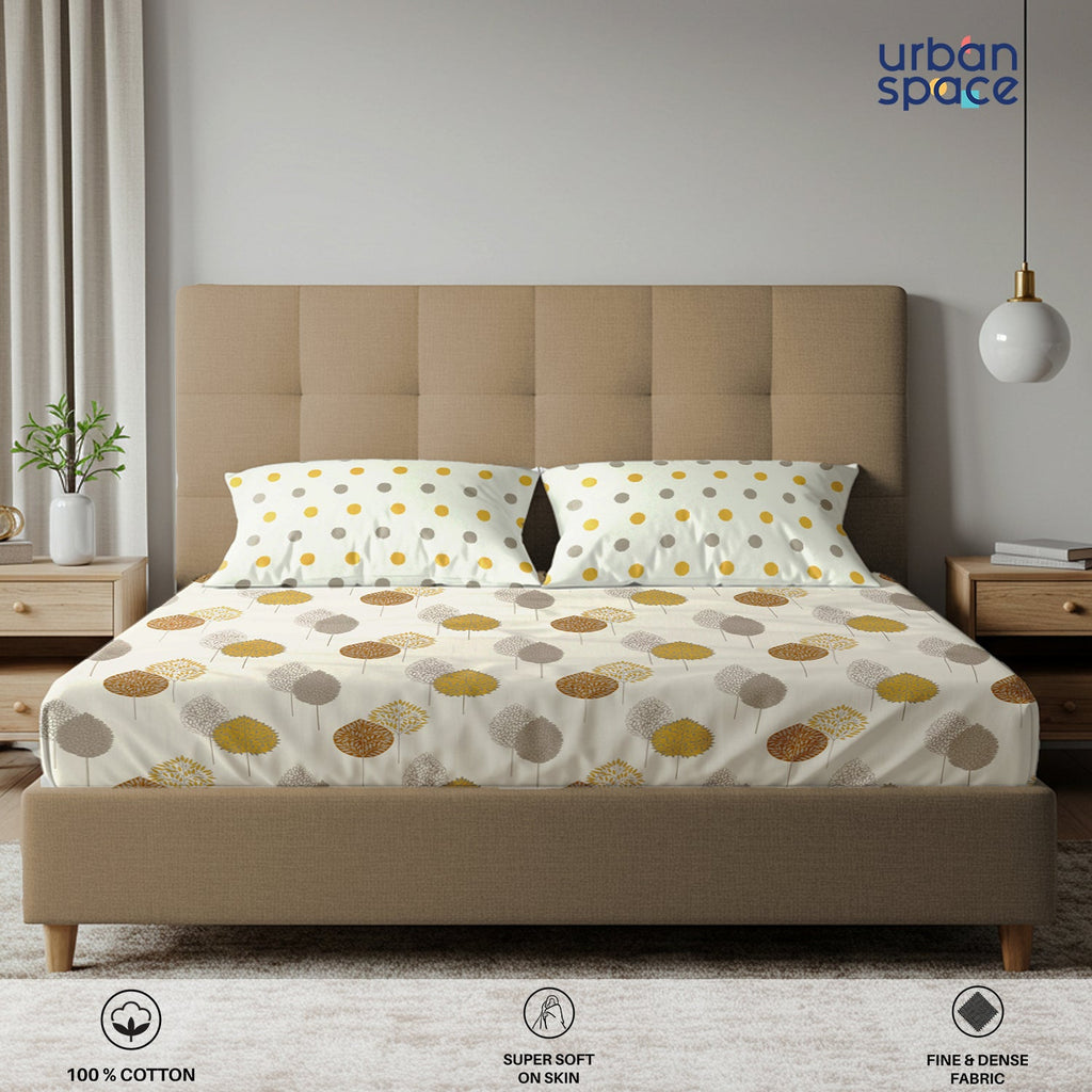 Serene 200 TC 100% Cotton Bedsheet with Pillow Covers - Drops Mustard
