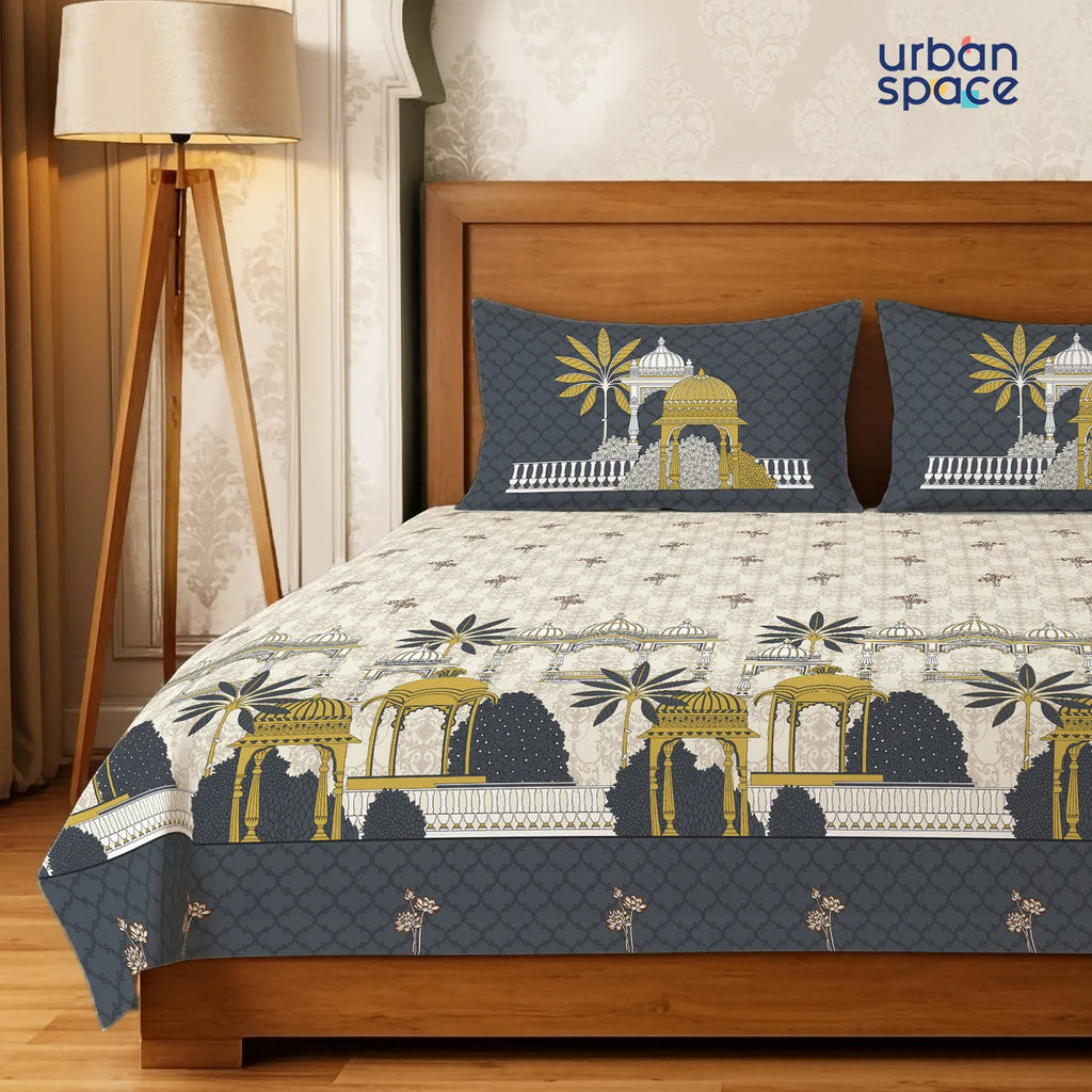 Serene 300 TC 100% Cotton Bedsheet with Pillow Covers, Panel Design - Aangan Grey