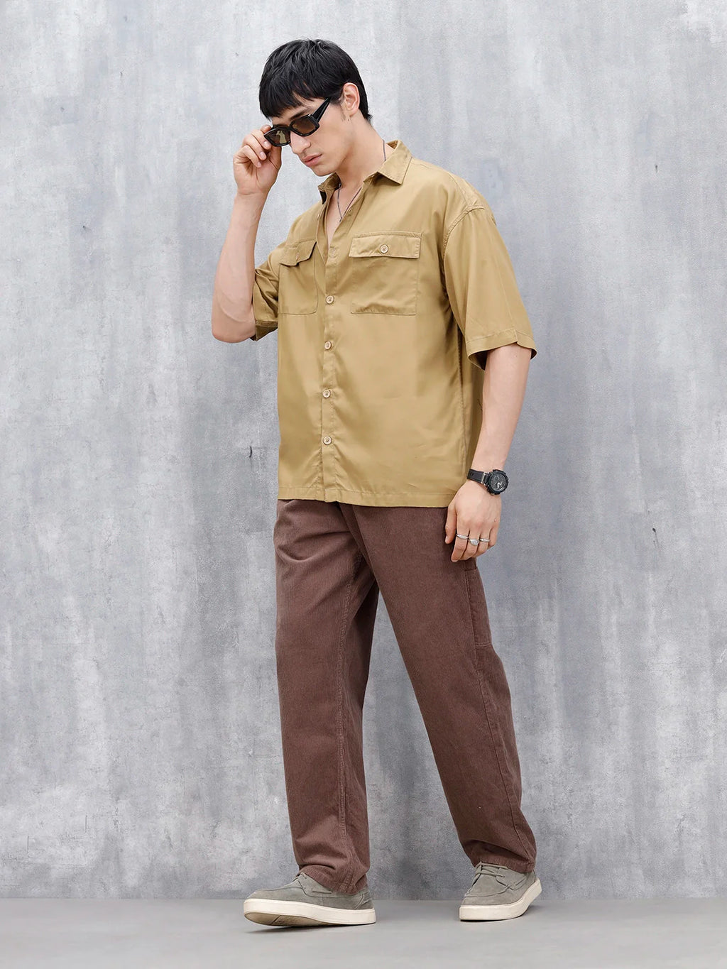 Wrogn Men's Oversized Plus Double Pocket Shirt | Khaki