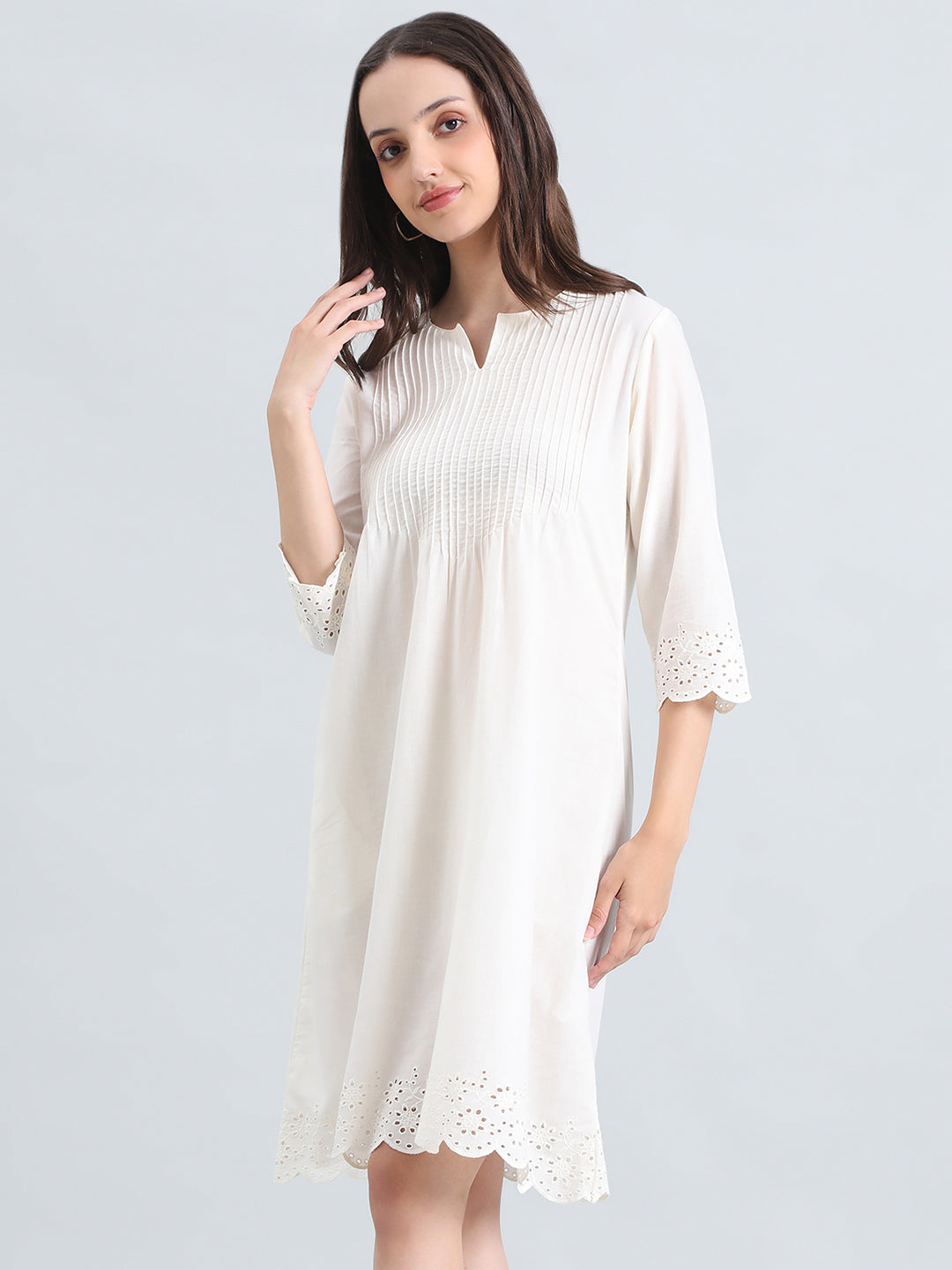 Cambric Cotton Pin-Tuck Schiffli Hakoba Midi Dress