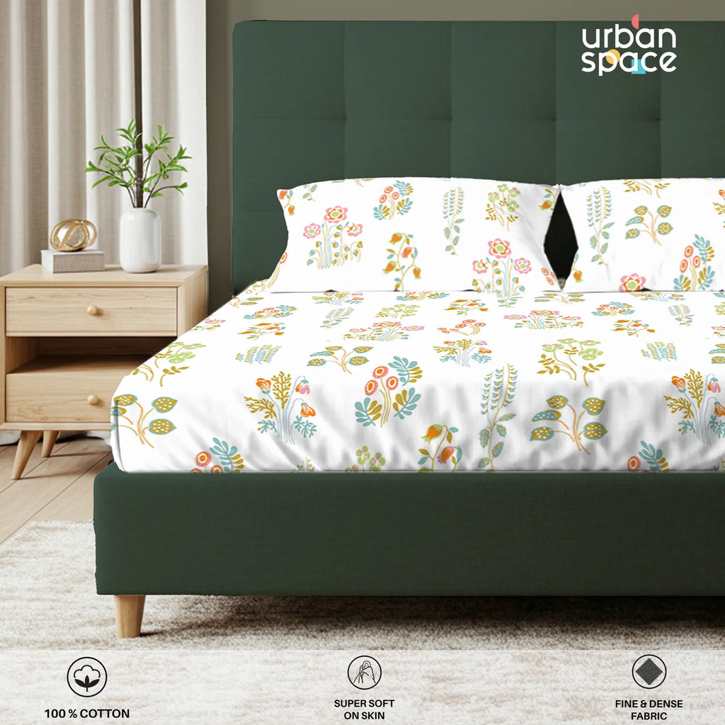 Serene 200 TC 100% Cotton Bedsheet with Pillow Covers - Eden White