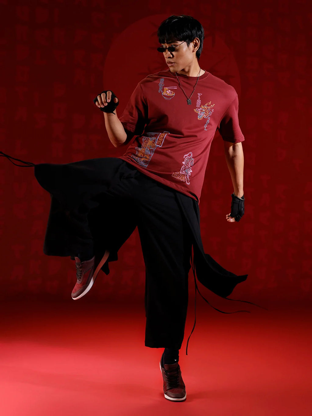 Oversize tshirt with warrior motif prints | Maroon