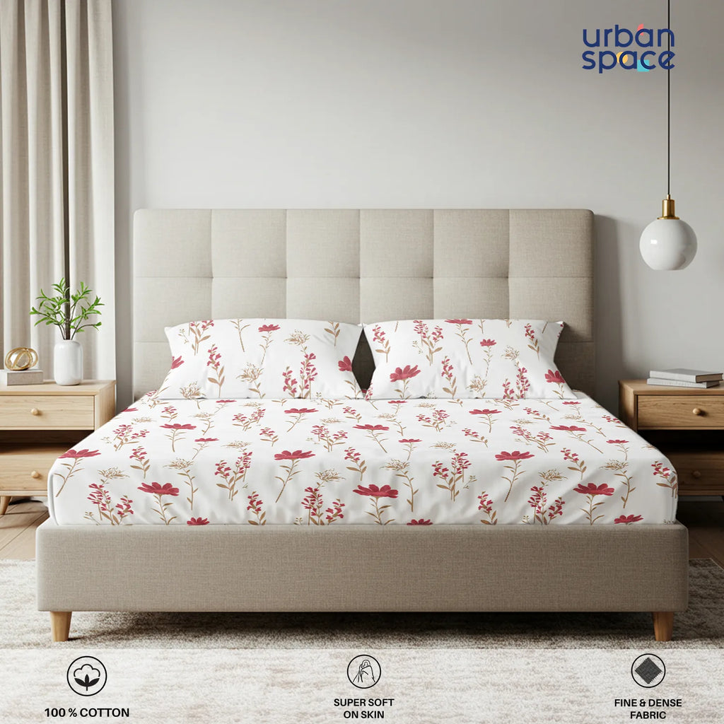 Serene 200 TC 100% Cotton Bedsheet with Pillow Covers - Orchid Blooms - Pink