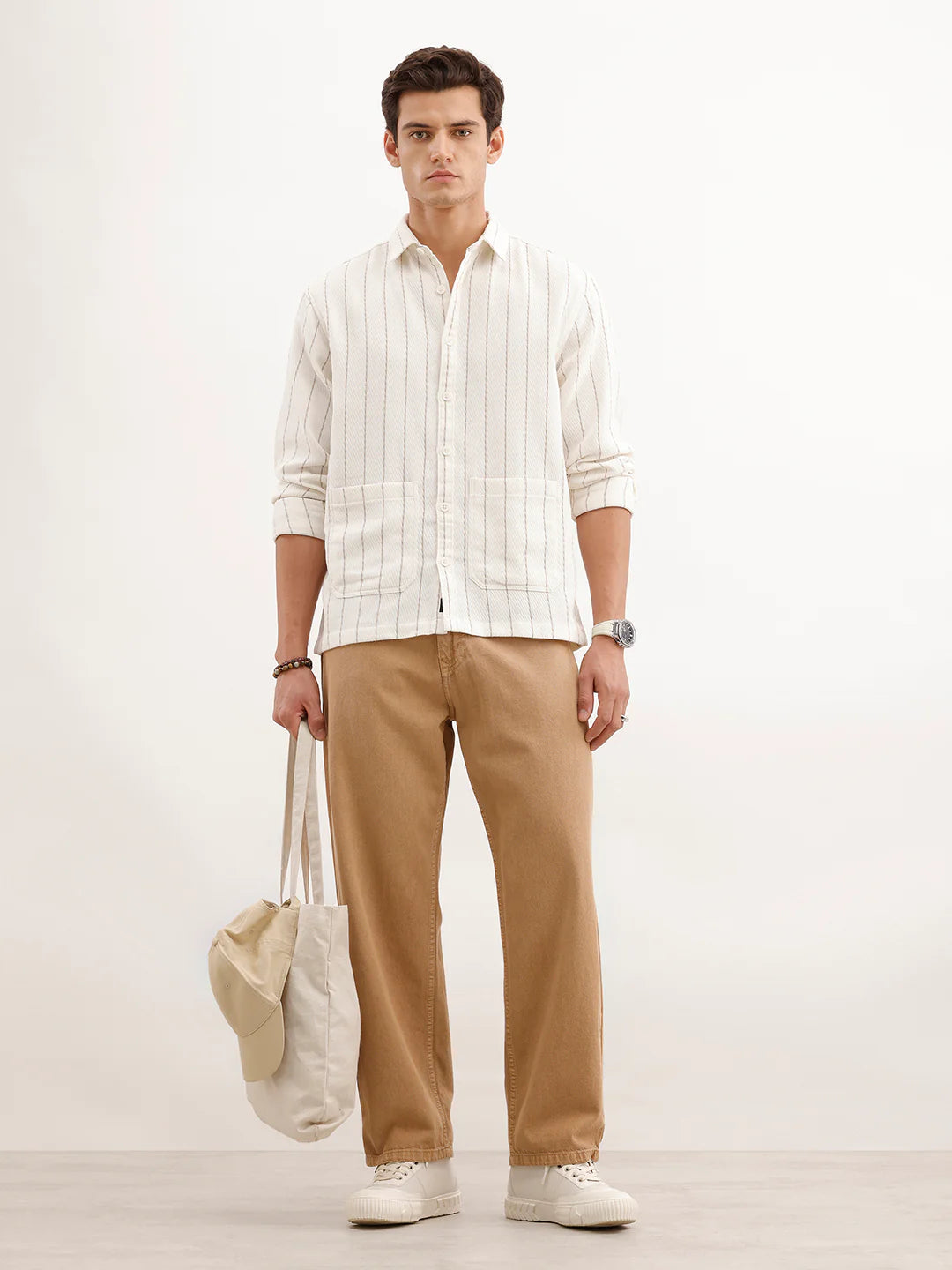 Comfort Fit Textured Striped Shirt  | Off White