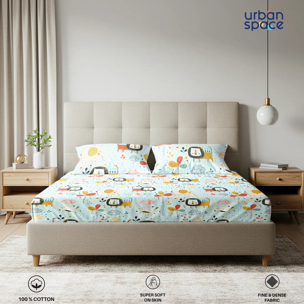Serene 200 TC 100% Cotton Bedsheet with Pillow Covers - Lion King Sky Blue