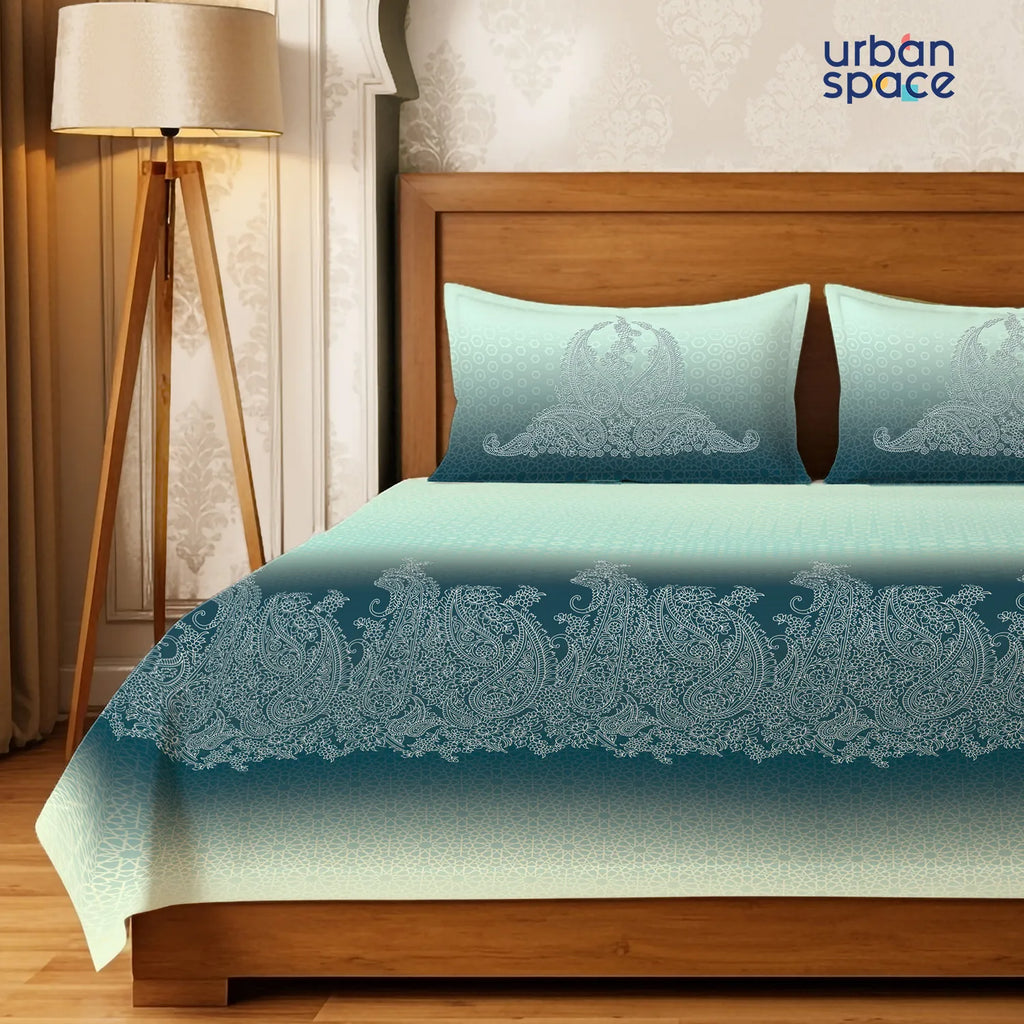 Serene 300 TC 100% Cotton Bedsheet with Pillow Covers, Panel Design - Ruhani Turquoise