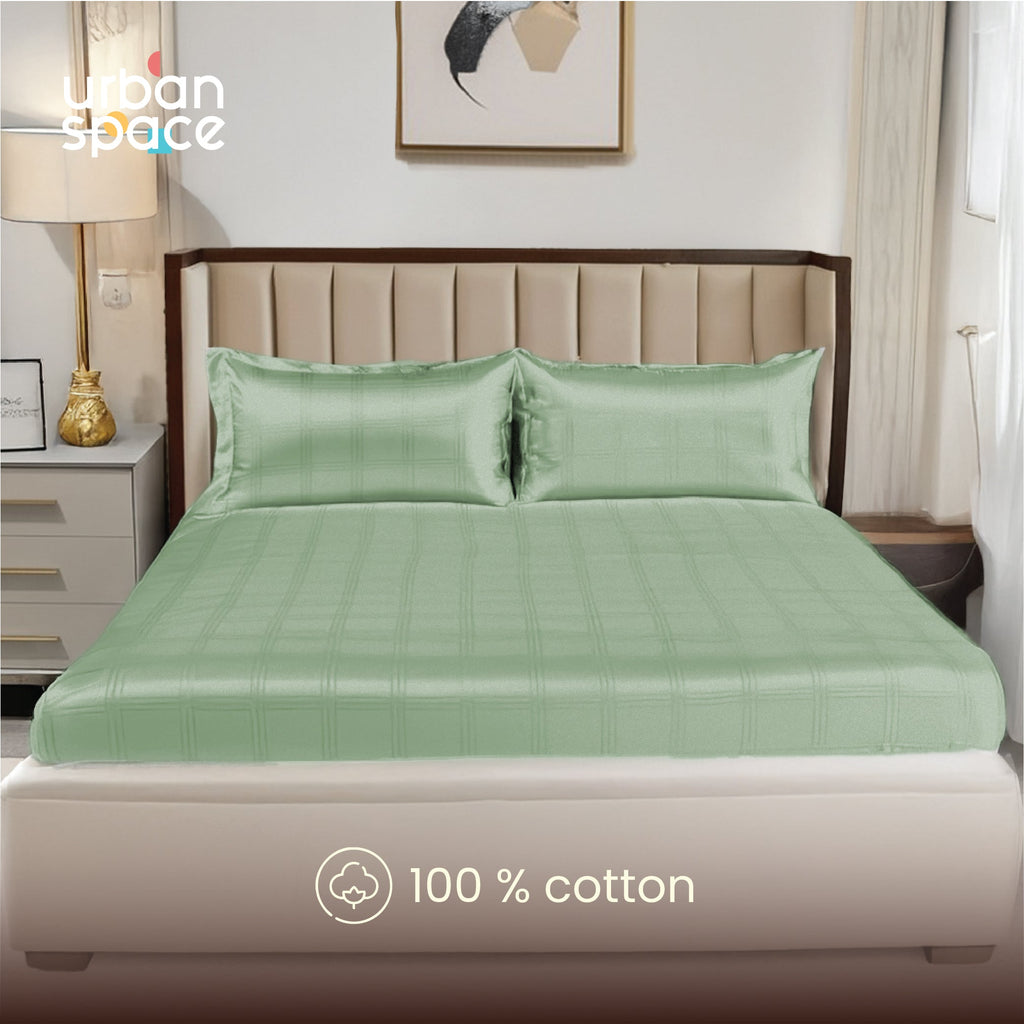 300 TC Super Soft King Bedsheet, Self Woven Checks Design - Sage Green Checks