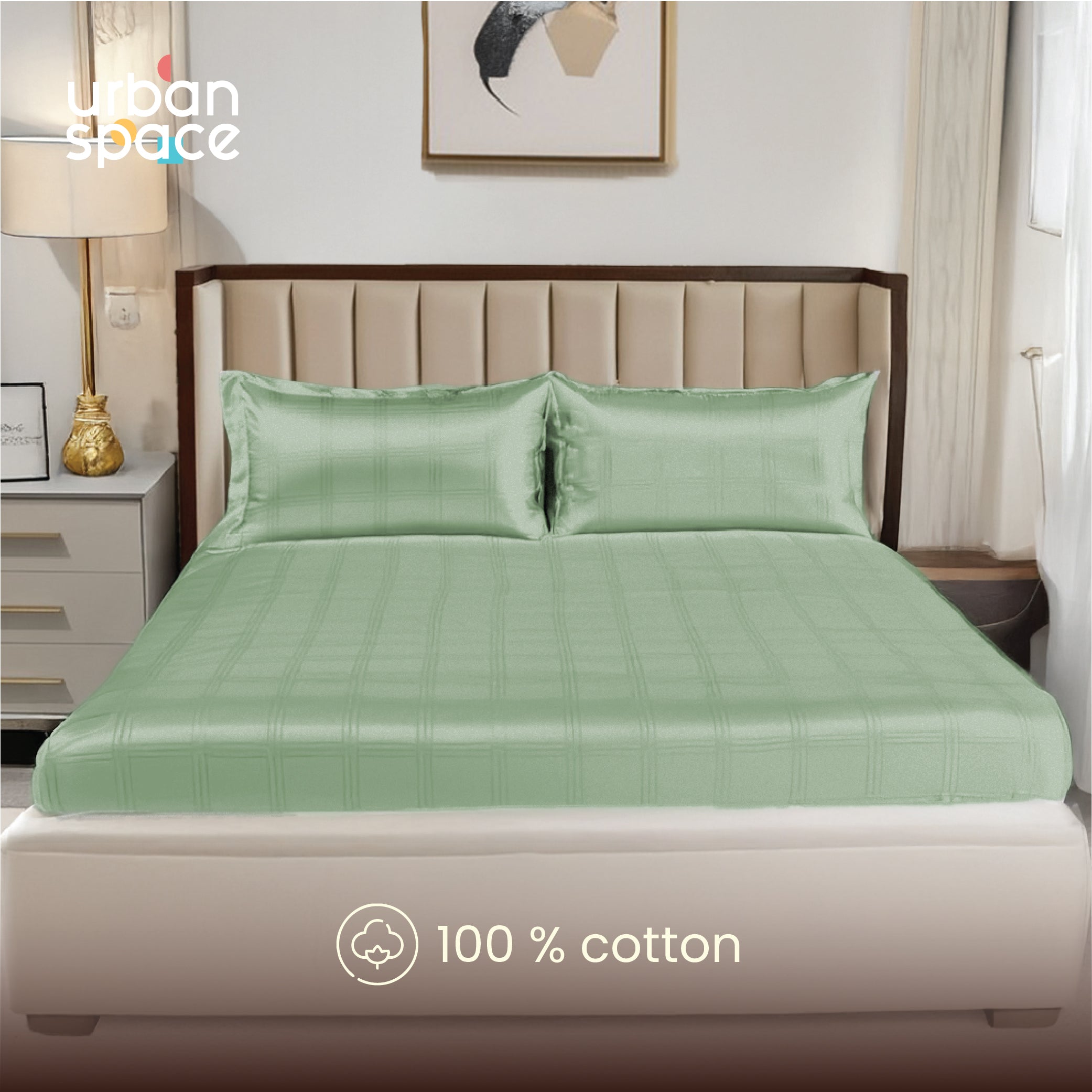 300 TC Super Soft King Bedsheet, Self Woven Checks Design - Sage Green Checks