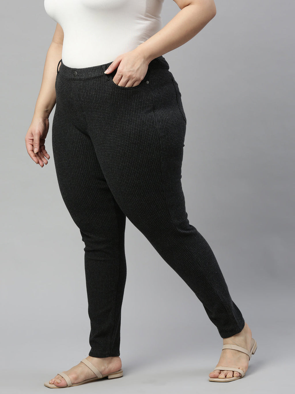 Black Cotton Poly Stretch Stripes Printed Jeggings