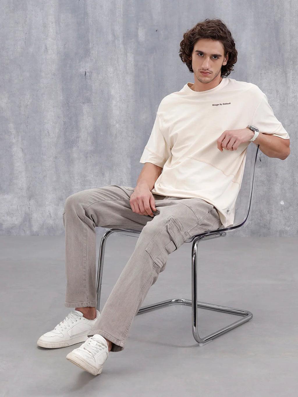 Casual Men Oversized Fit Tee With Flat Lock Detail | Beige