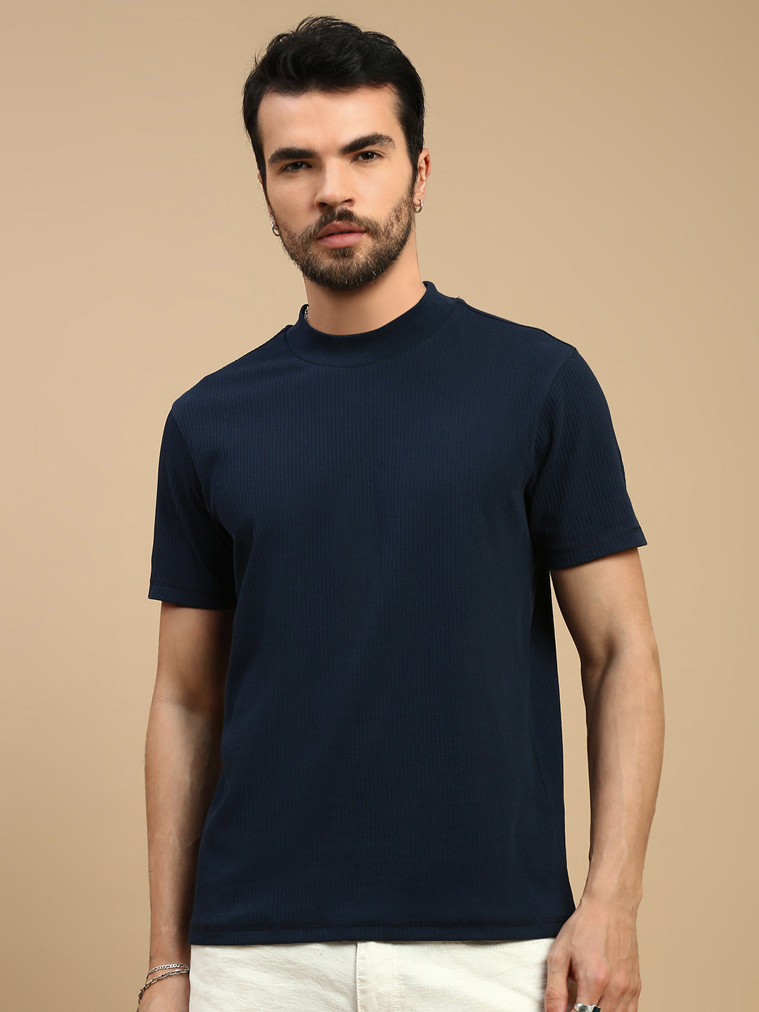 Men Navy High Neck Tee