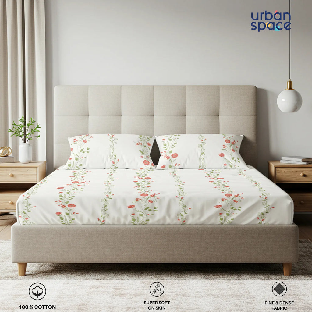 Serene Collection - Breathable 200 TC 100% Pure Cotton Bedsheet with Pillow Cover, Veil Bloom- Peach