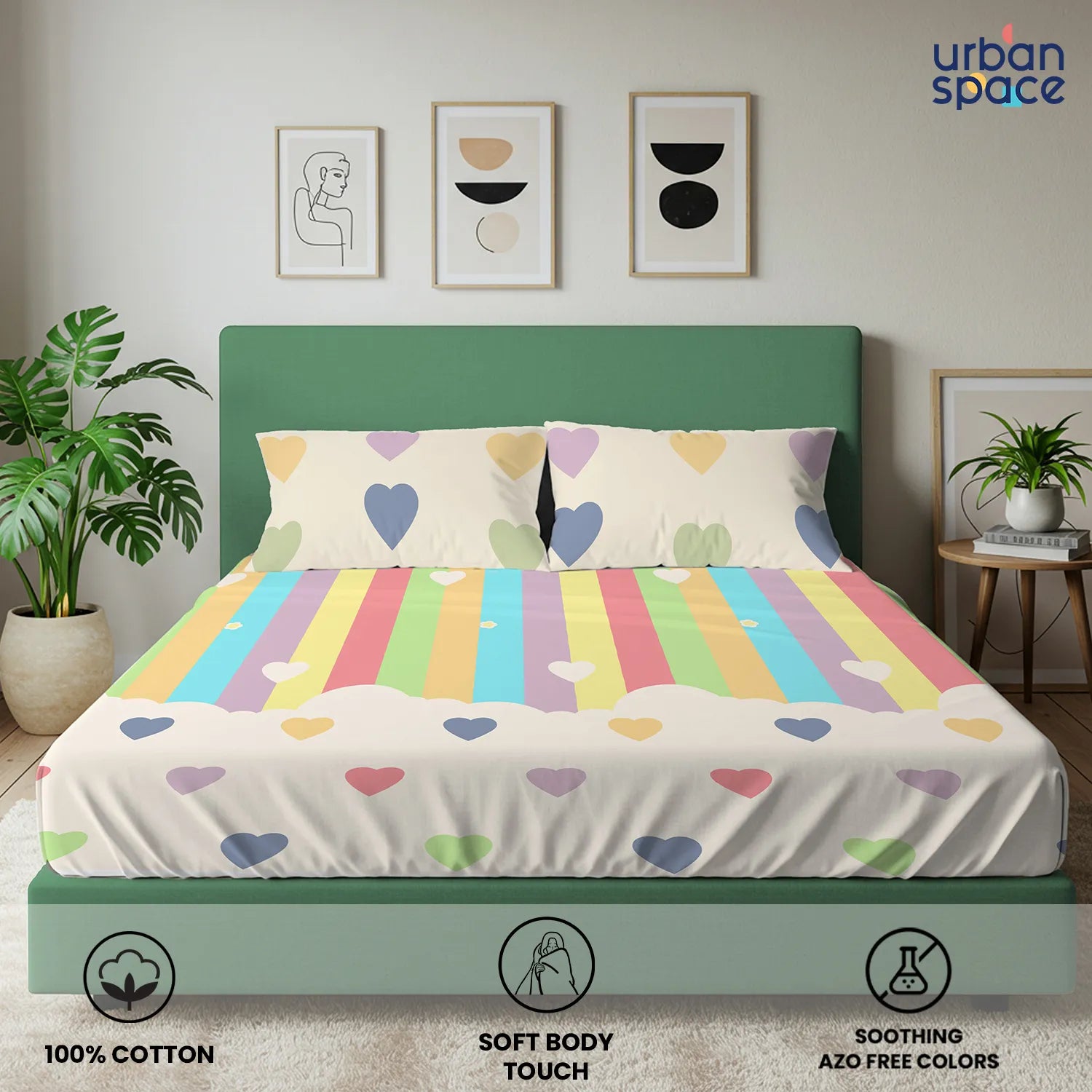 Divine Collection - Cotton Bedsheet With 2 Pillow Covers, Rainbow Hearts