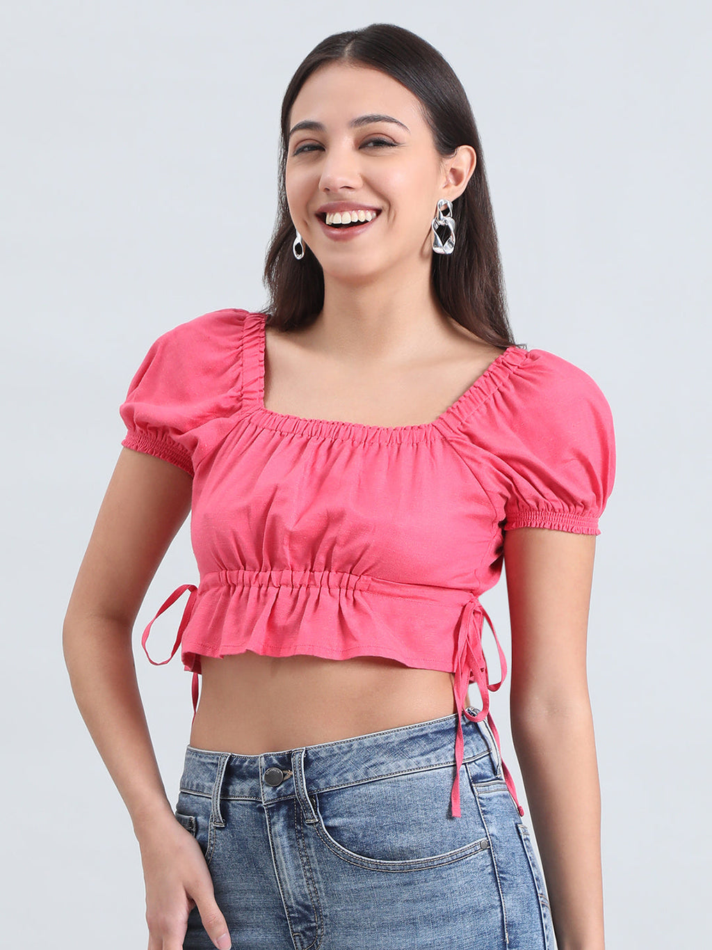 Linen Blend Square Neck Cropped Gathered Blouse