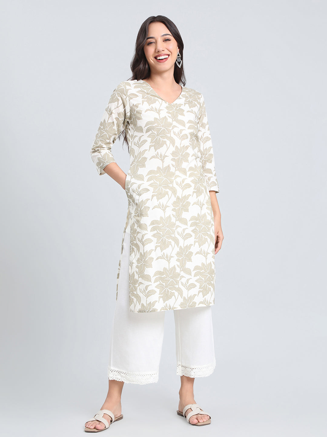 Cotton Floral Block Print Straight Kurta