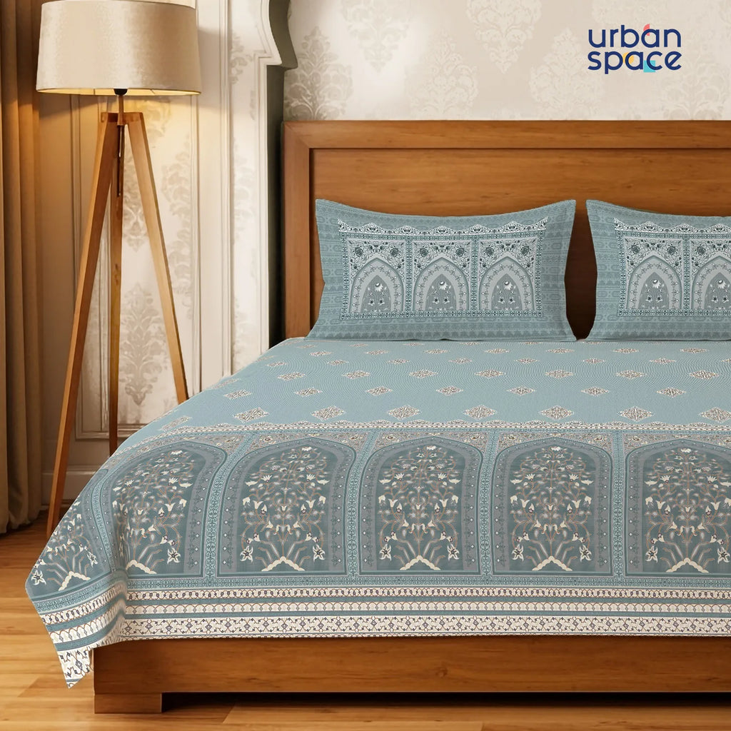 Serene 300 TC 100% Cotton Bedsheet with Pillow Covers, Panel Design - Jharokha Dusty Blue