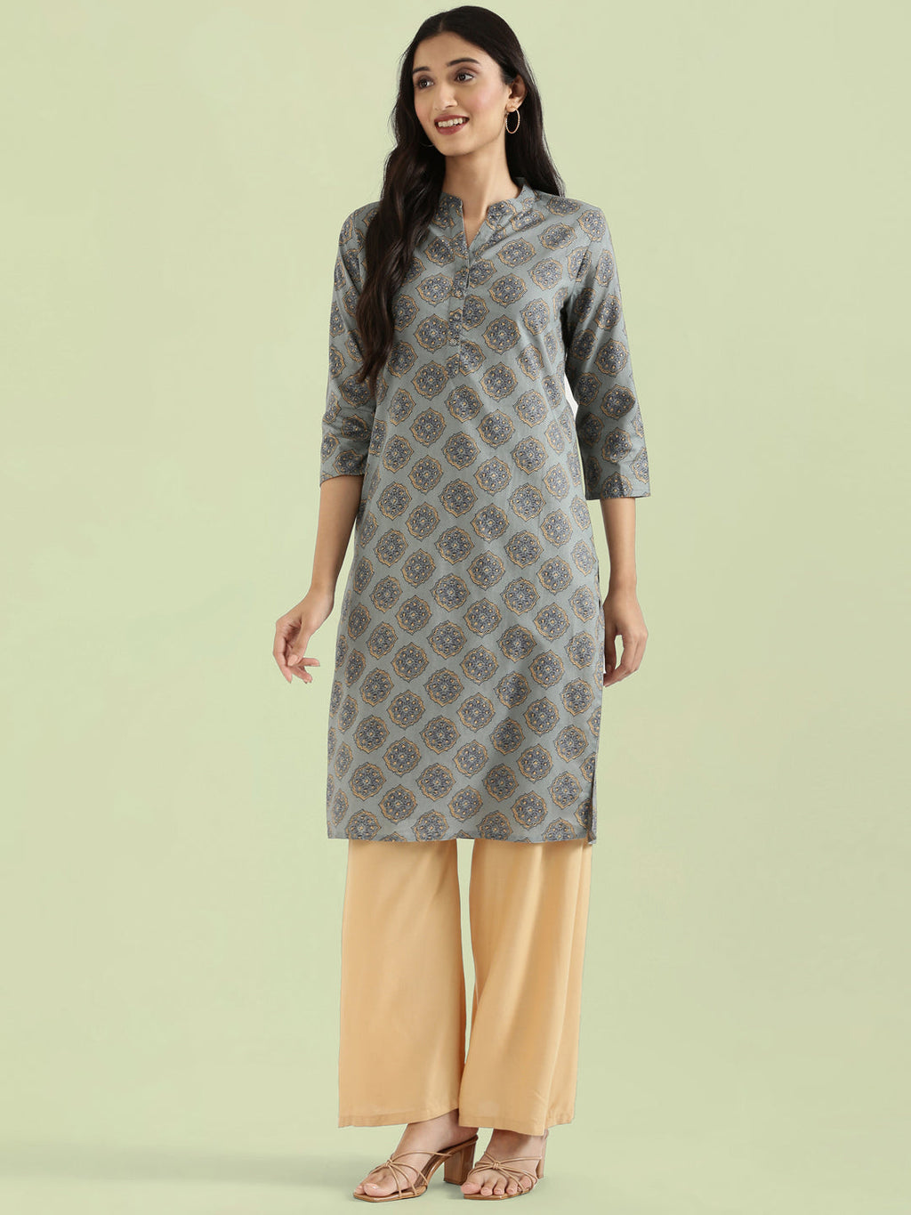 Cotton Medallion Print Straight Kurta