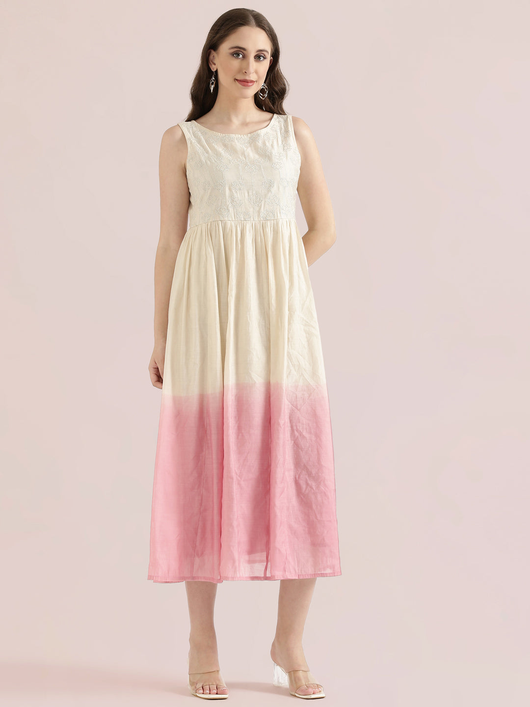 Chanderi Lotus Embroidered Ombre Dip-Dye Gathered Dress