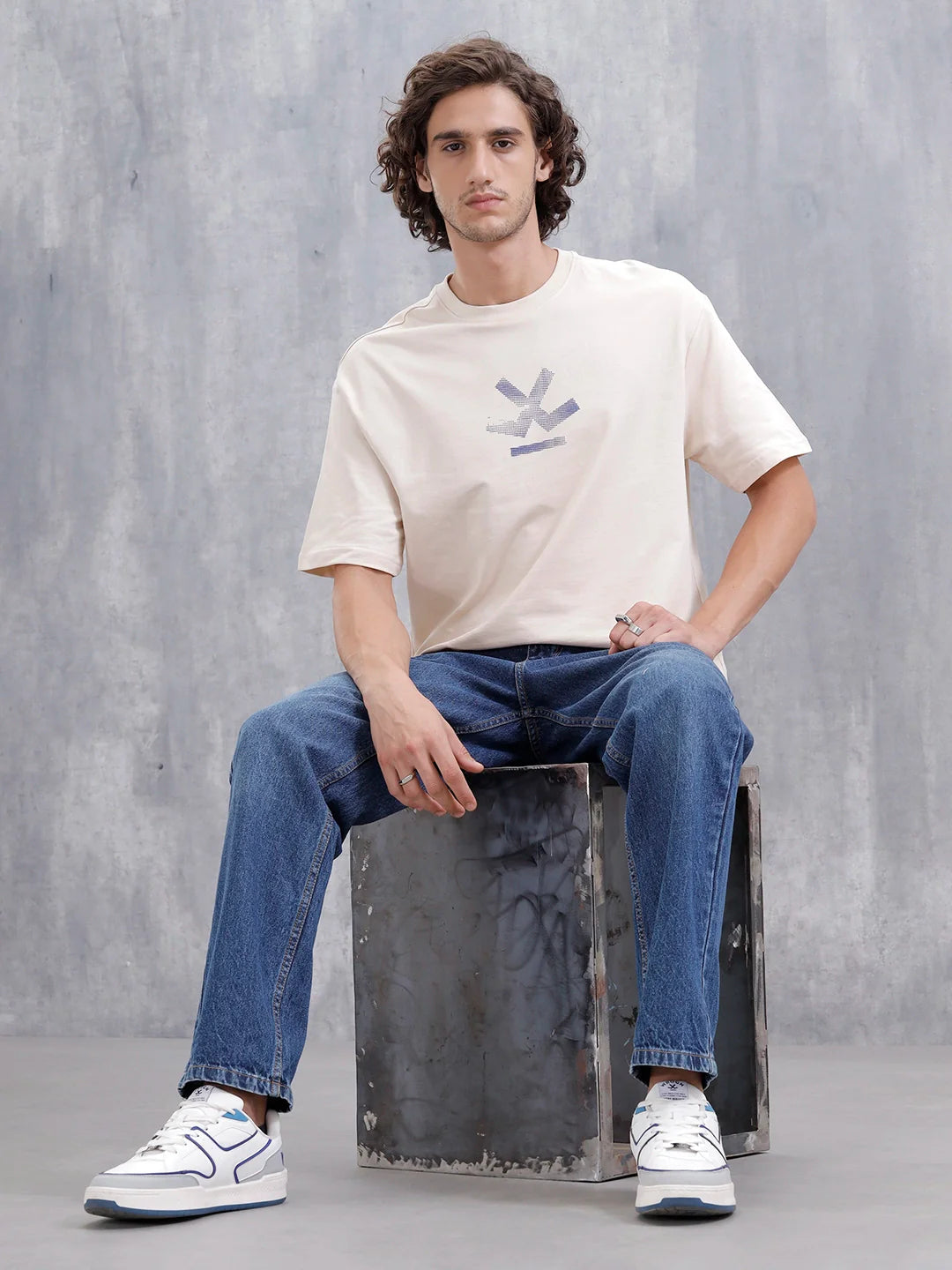 Mythical Faces Oversized Cotton Back Print T-Shirt | Beige
