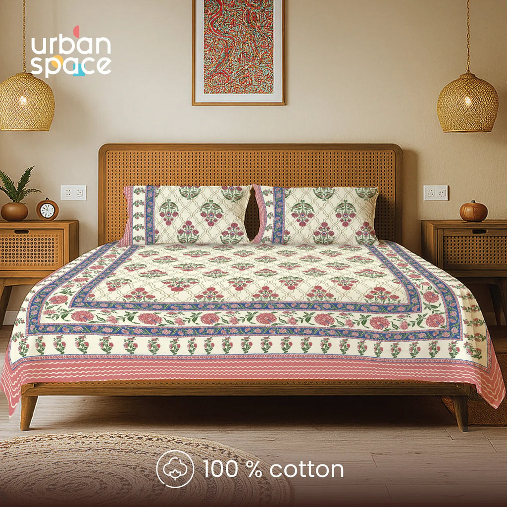 Rajasthani Ethnic 100% Cotton Bedsheet with 2 Pillow Covers - Amberjaal Pink