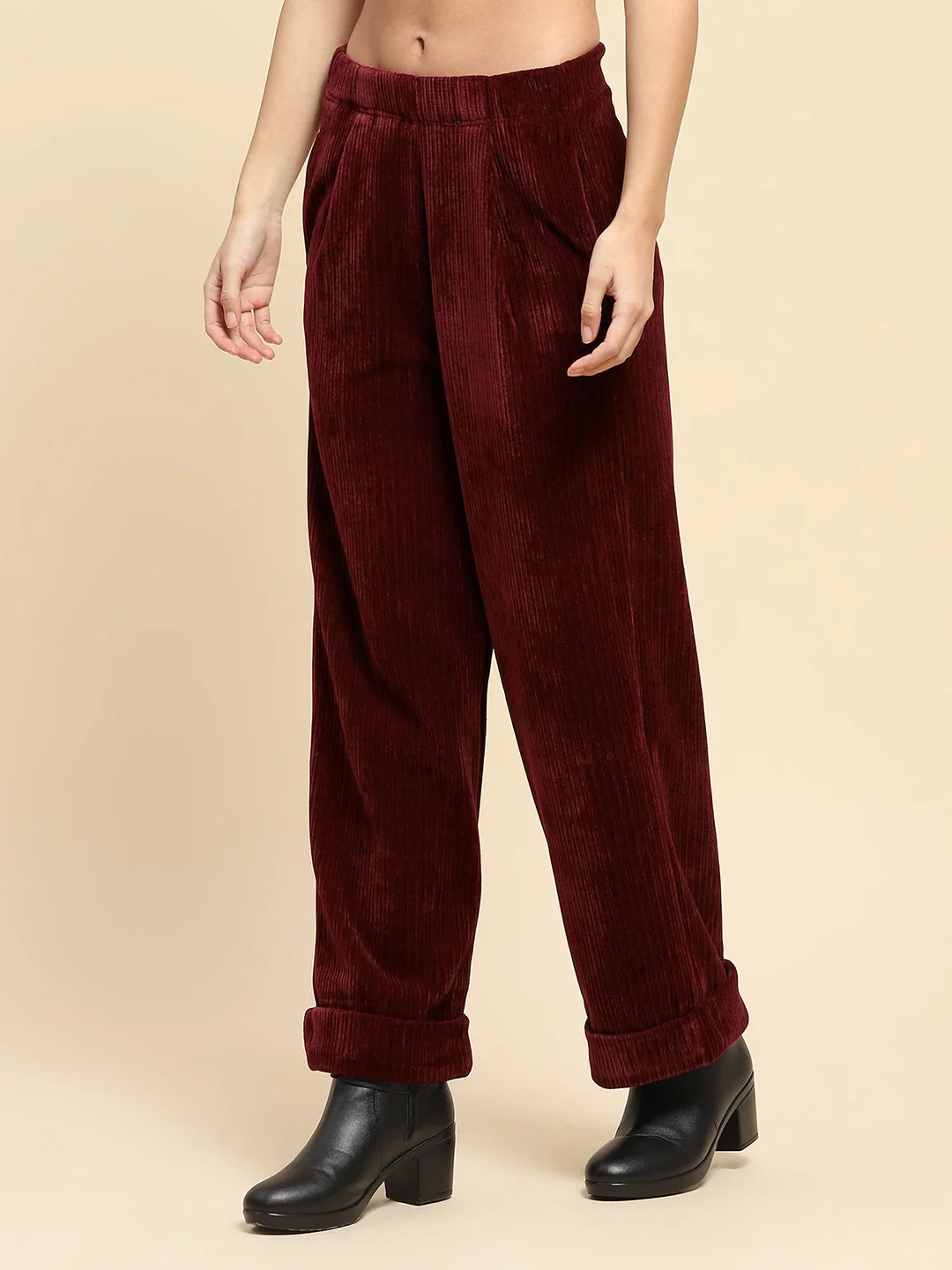 Wine Solid Loose Fit Lower