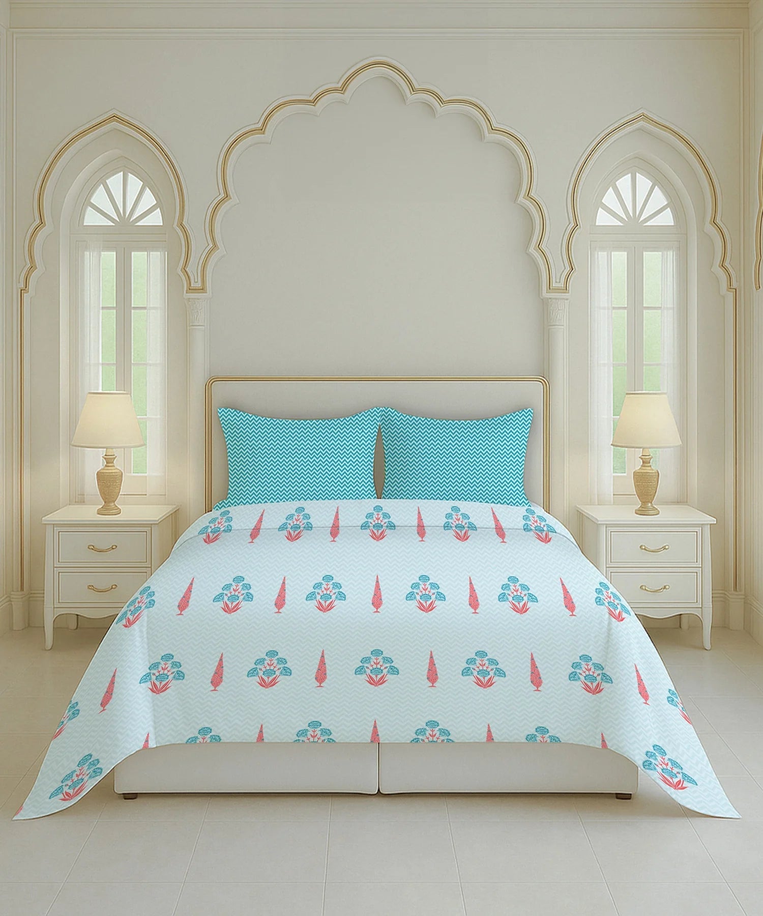 Home Essential Royal Bloom Queen Bedsheet Set, Raya Blue| 144TC Cotton| 2 Pillow Covers