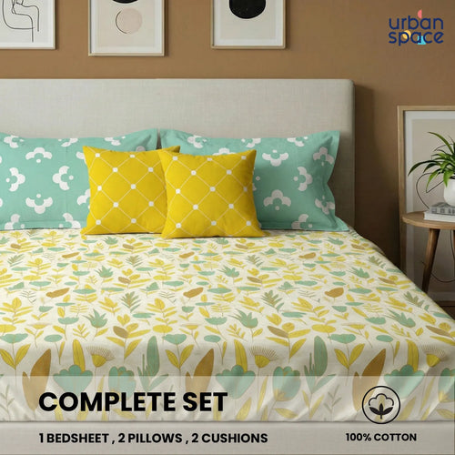 5 PC Cotton Double Bedsheet Set with 2 Pillow + 2 Cushion Covers - Mist Mint Green