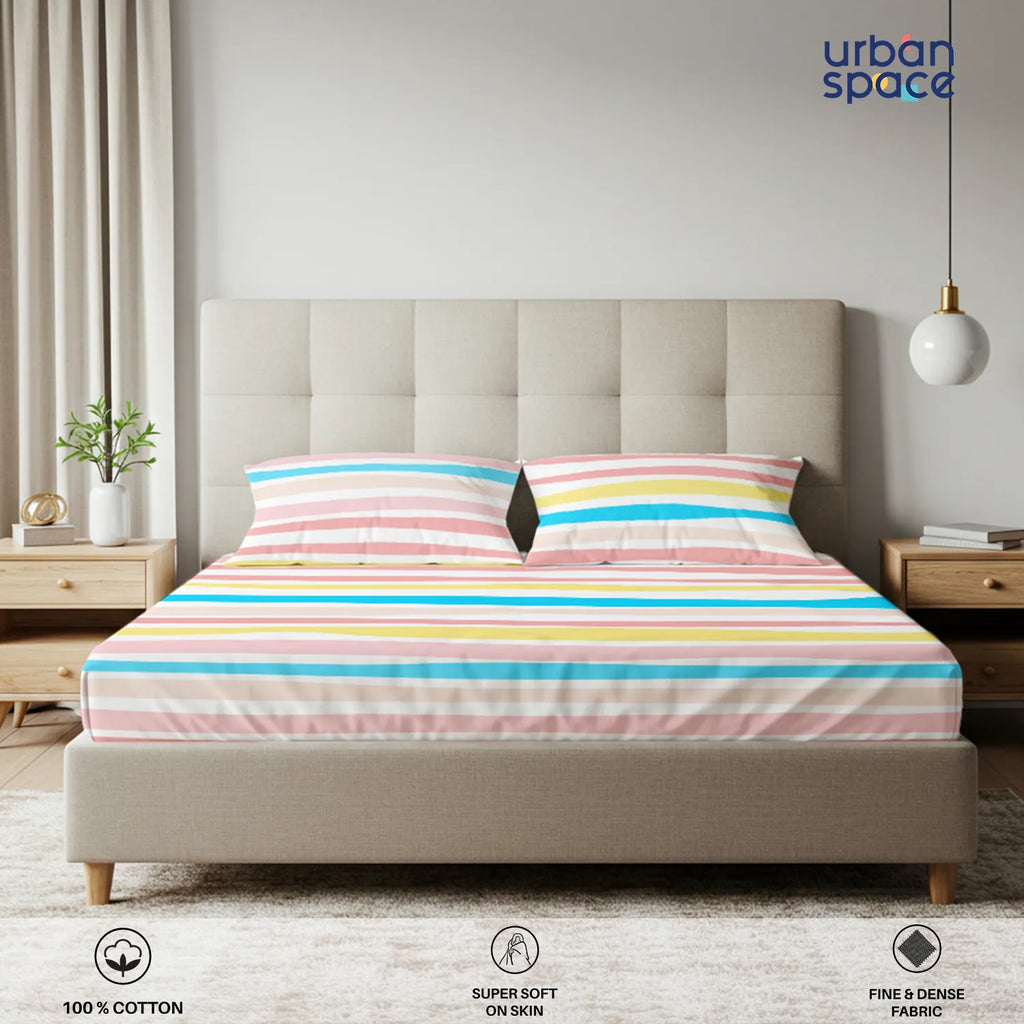 Serene Collection - Breathable 200 TC 100% Pure Cotton Bedsheet with Pillow Cover, MultiColour Stripes-Pastel