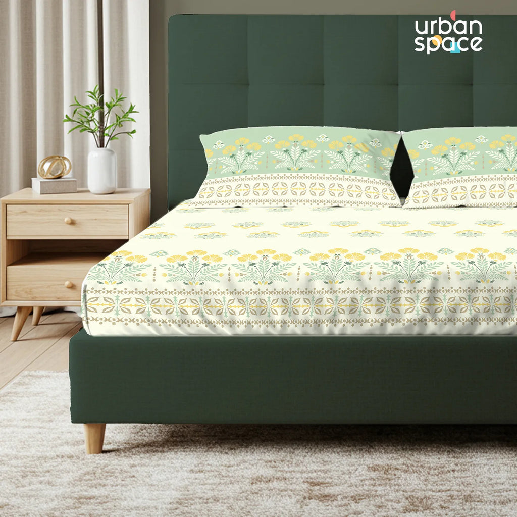 Serene 200 TC 100% Cotton Bedsheet with Pillow Covers - Malhaar Sage Green