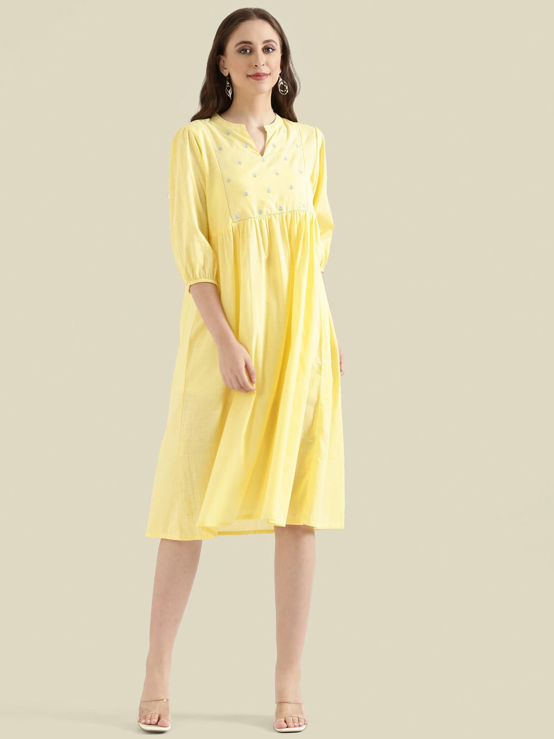 Cotton Slub Butti Embroidered Yoke Gathered Midi Dress
