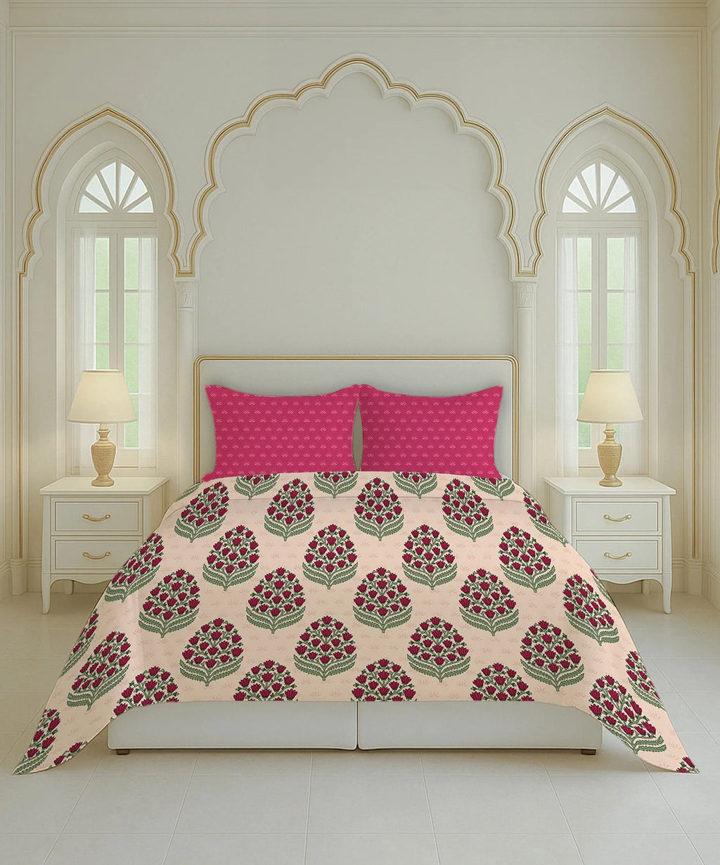 Home Essential Royal Bloom Queen Bedsheet Set, Dhalia Pink| 144TC Cotton| 2 Pillow Covers
