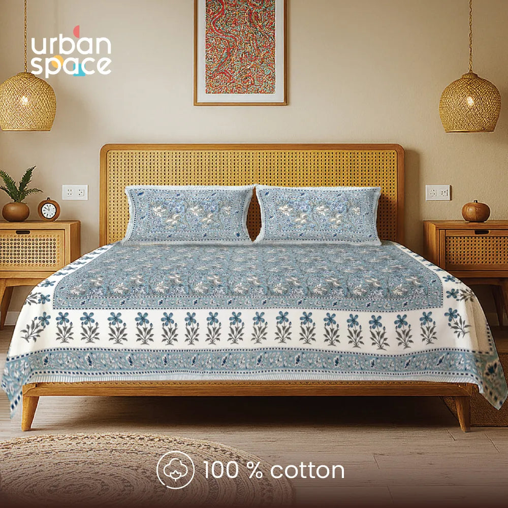 Rajasthani Ethnic 100% Cotton Bedsheet with 2 Pillow Covers, Double & King Bed - Rangrez Blue