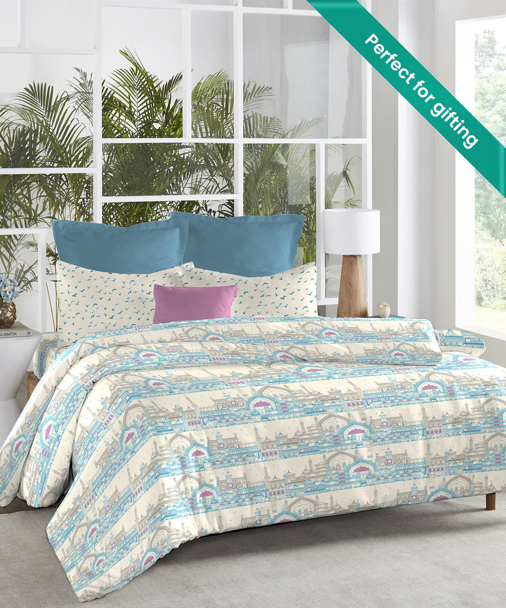 Atulaya Bharat King Bedsheet Set, Muskuraiye Aap Lucknow|144 TC Cotton|2 Pillow Covers