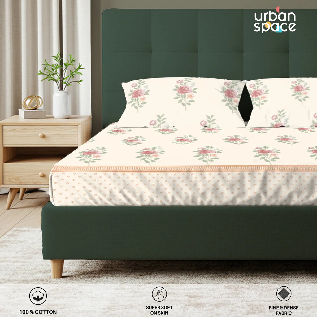 Serene 200 TC 100% Cotton Bedsheet with Pillow Covers - Vintage Rose Buttercream