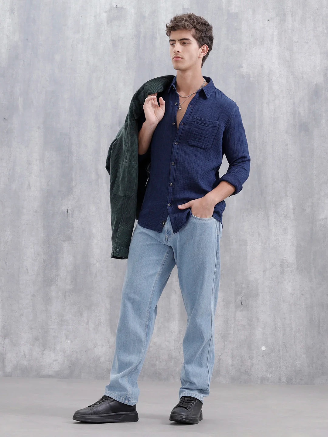 Indigo Double Cloth Slim Fit Shirt In Dark Wash | Dark Blue