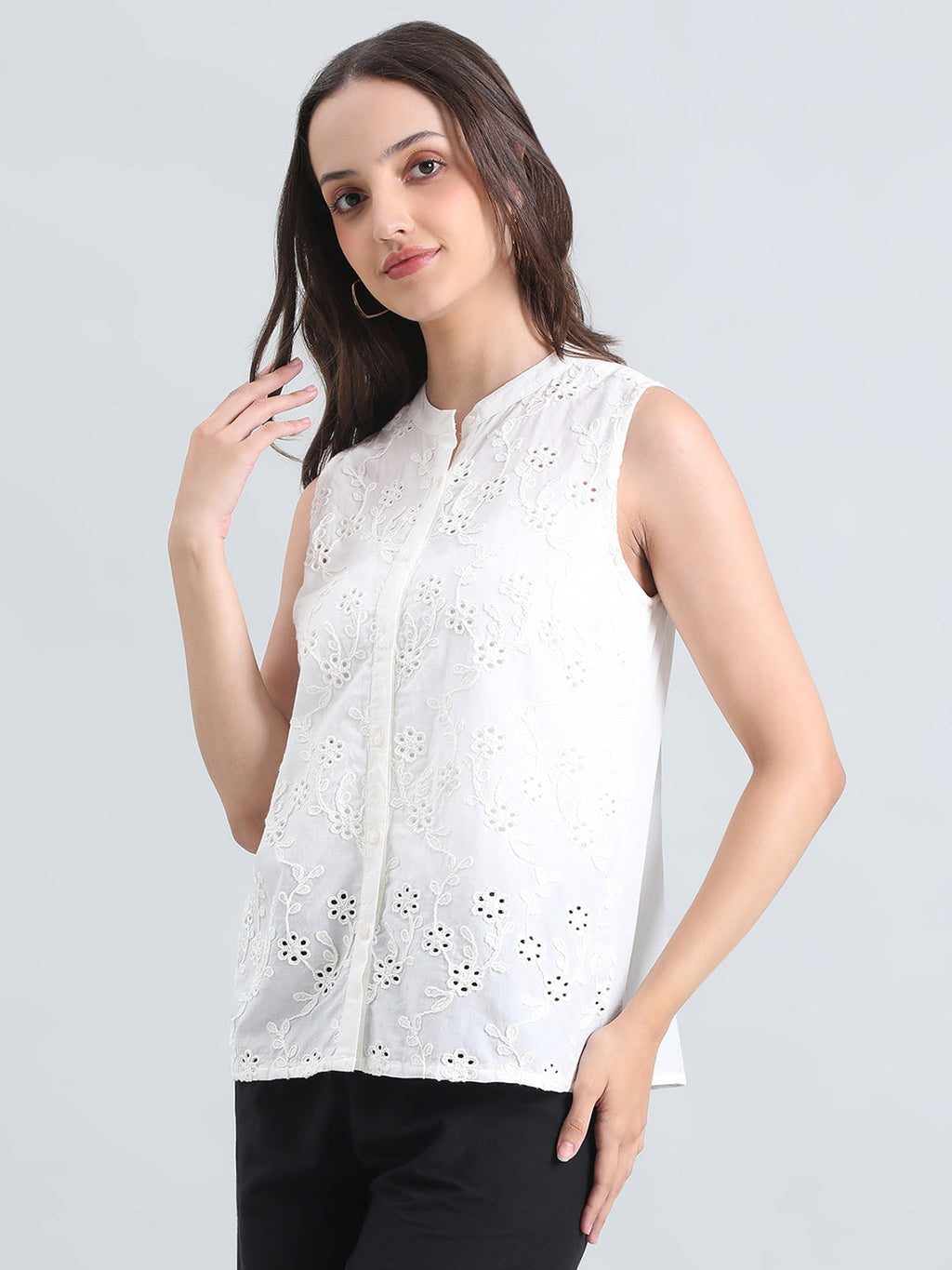 Cotton Embroidered Mandarin Collar Hakoba Blouse