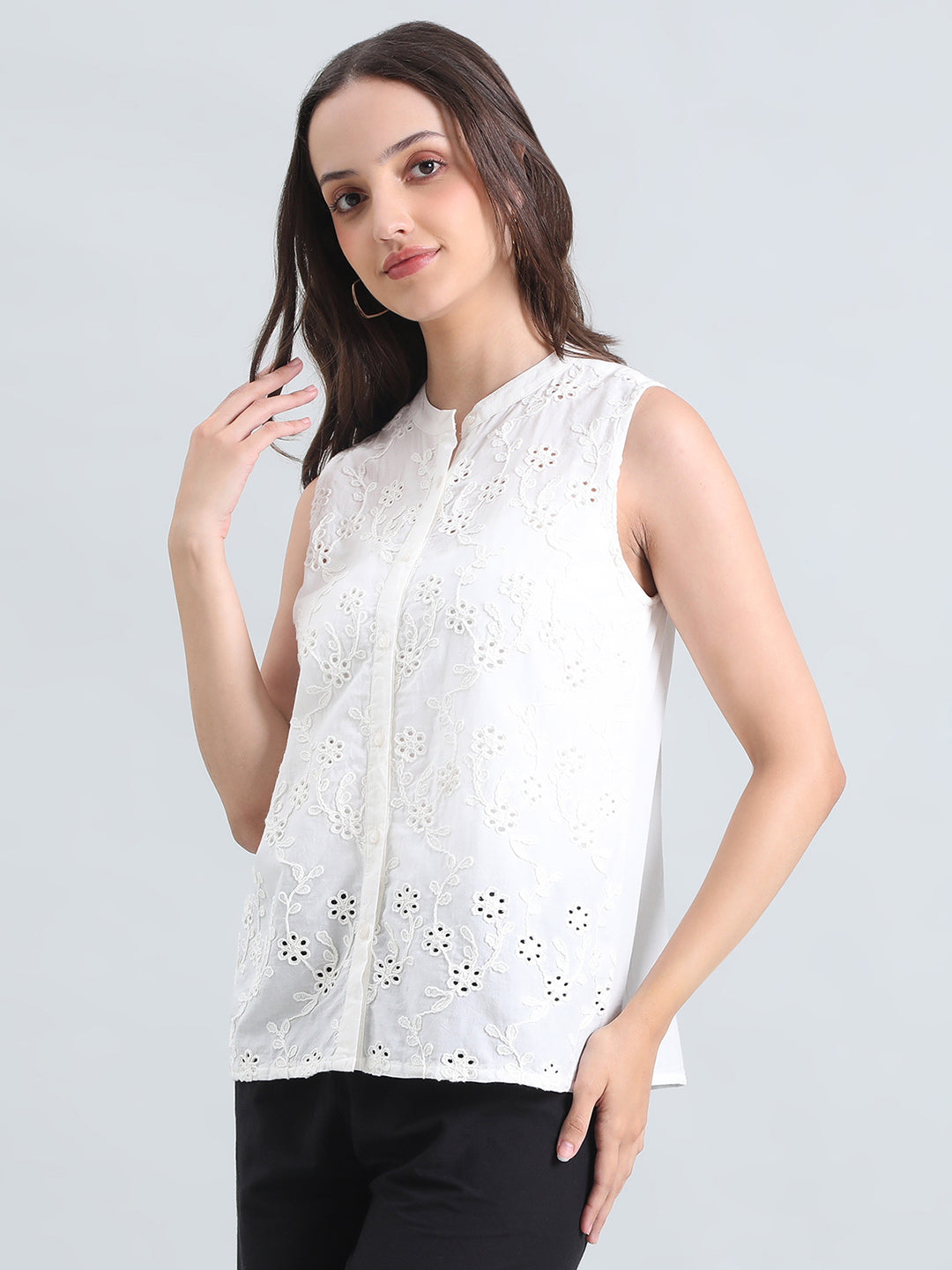 Cotton Embroidered Mandarin Collar Hakoba Blouse